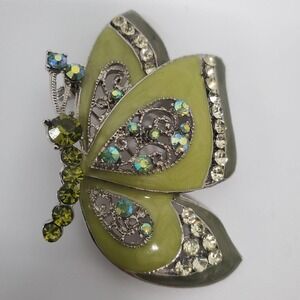 RMN Butterfly Brooch Women OS Green Enamel Rhinestone Silver Tone Pin Vintage